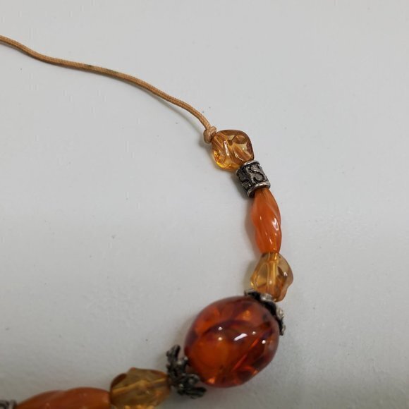 Cognac Amber Necklace Beaded Cord‎ Brown Orange Sil - Picture 2 of 7